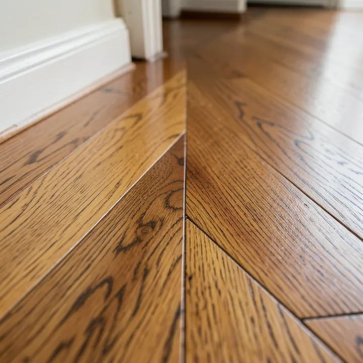 Hardwood flooring planks running in different directions meeting at a room threshold