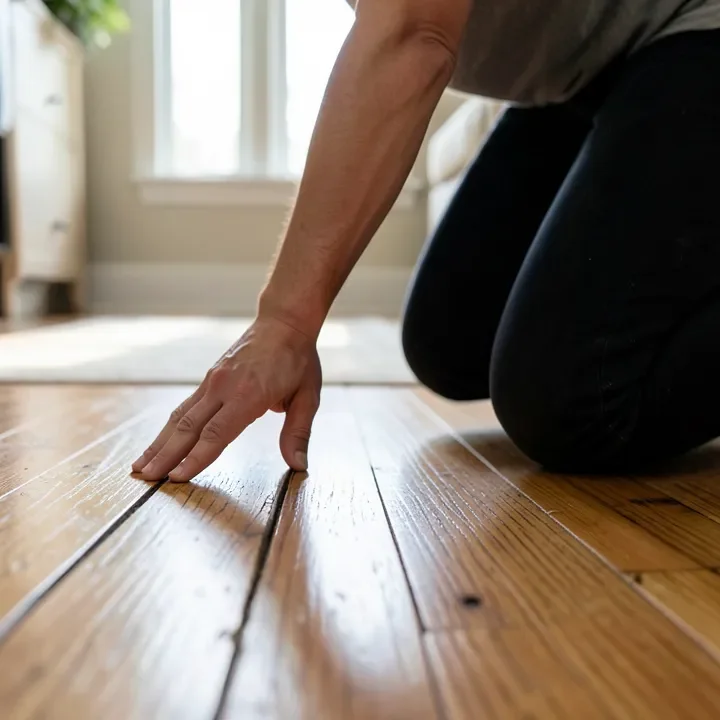 Checking a hardwood floorboard seam for movement that causes squeaking