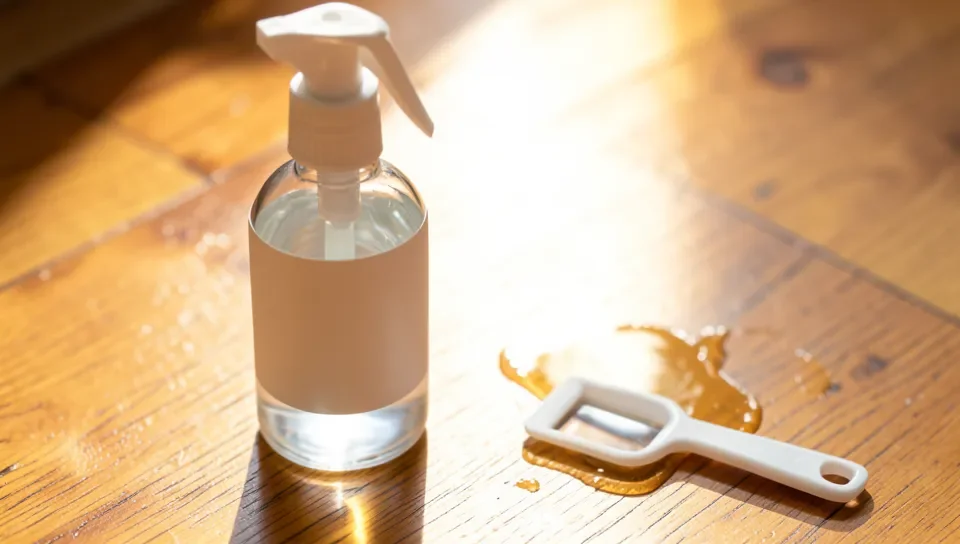 Plastic scraper and citrus adhesive remover being used to clean glue residue off a hardwood floor