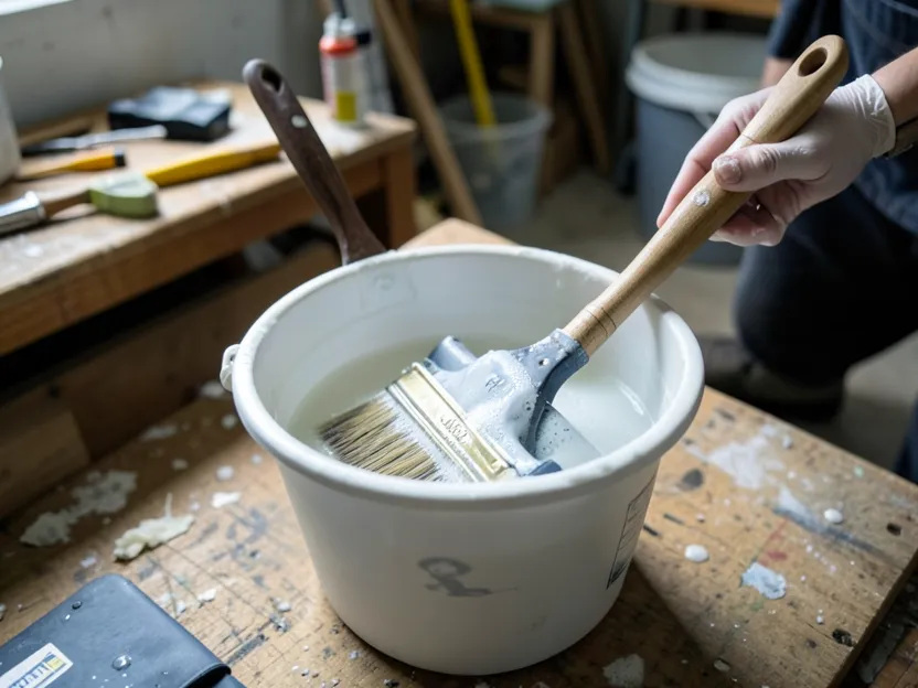 Paintbrush and roller soaking in soapy water to remove dried paint