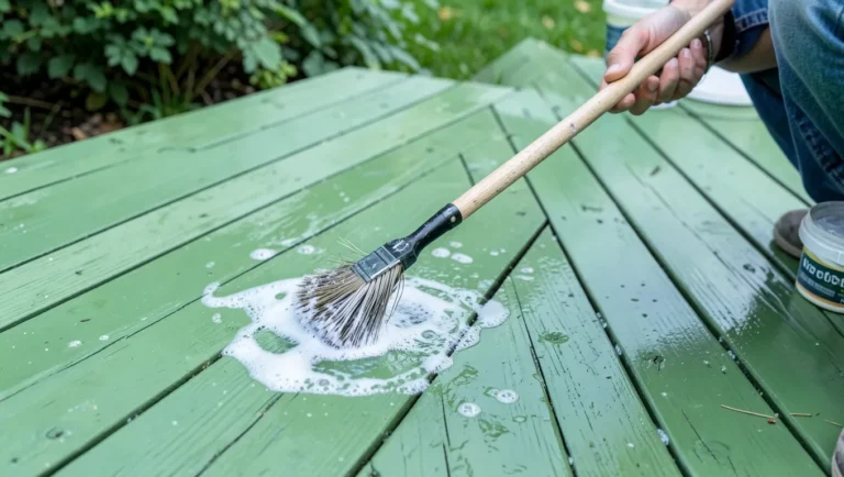Scrubbing a pressure-treated deck clean before staining