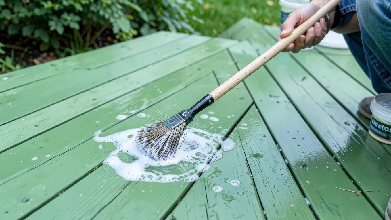 Scrubbing a pressure-treated deck clean before staining