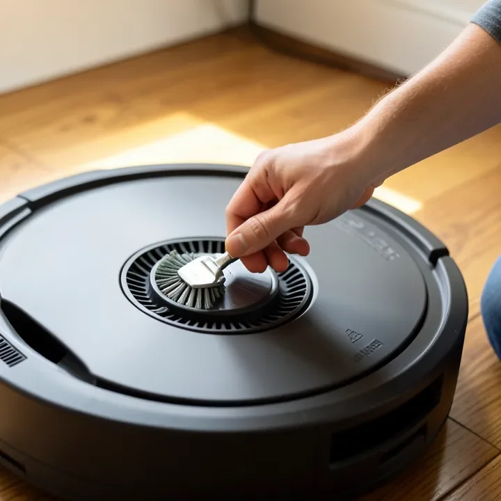 Cleaning hair and debris from a robot vacuum brush roll near a hardwood floor