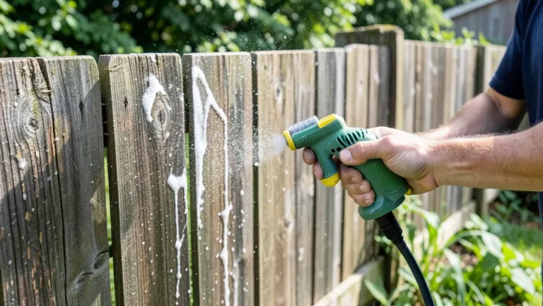 Cleaning a wood fence with a soft brush and hose, no pressure washer