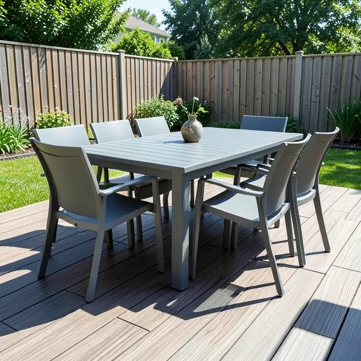 Gray composite wood outdoor dining table and chairs on a patio