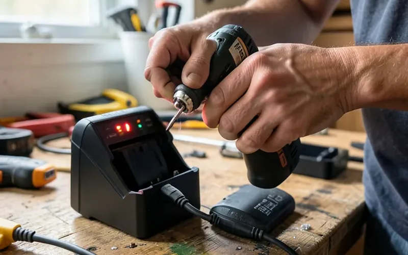 Connecting a drill battery to a charger on a workbench
