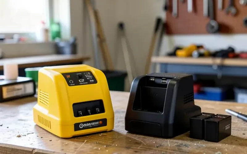 Two different power tool battery chargers that are not cross-compatible