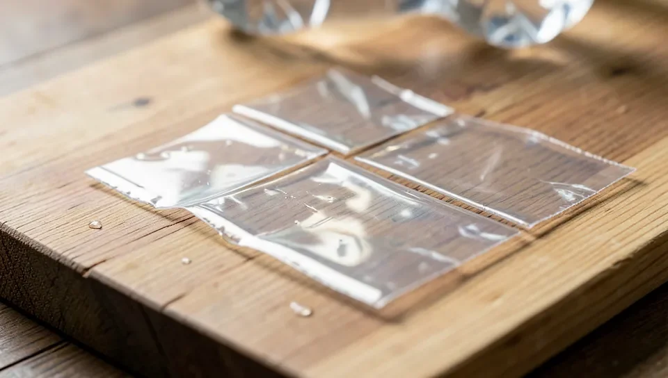 PET plastic cut into small pieces before melting onto wood