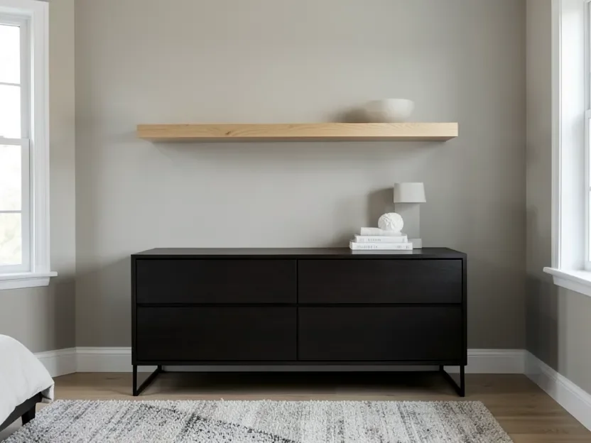 Dark wood dresser placed low with a lighter wood floating shelf mounted higher on the wall