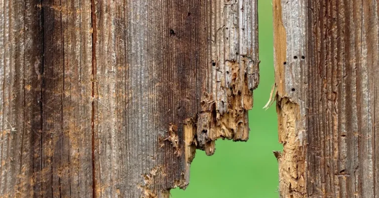 decayed wooden fence boards broken away at the edge with small insect holes