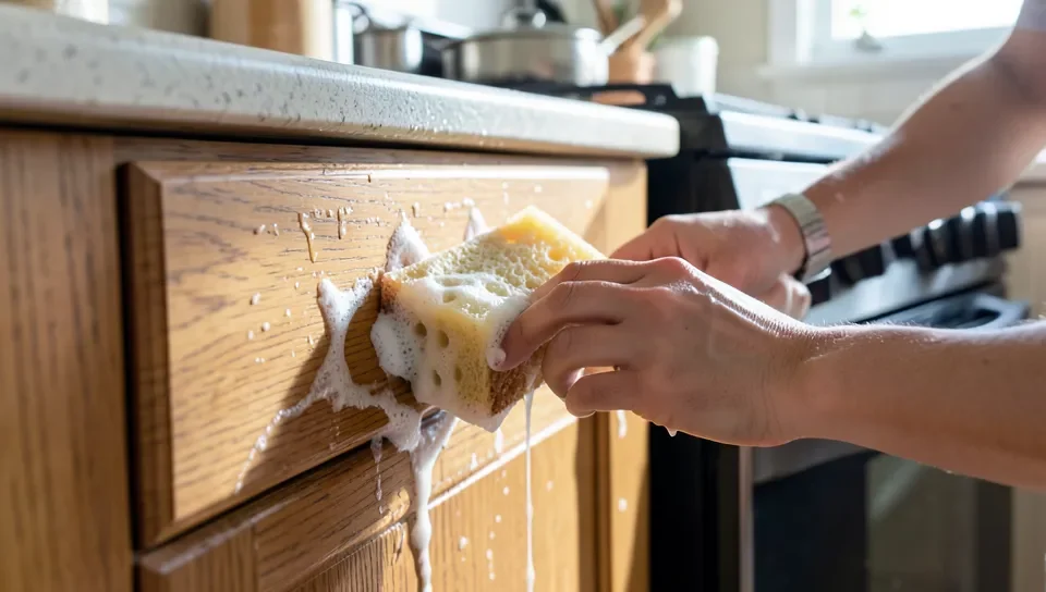 Sponge with soapy water cleaning built-up grease off a wood kitchen cabinet door near the stove