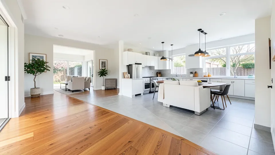Open concept home with a diagonal wood to tile flooring transition between kitchen and living room