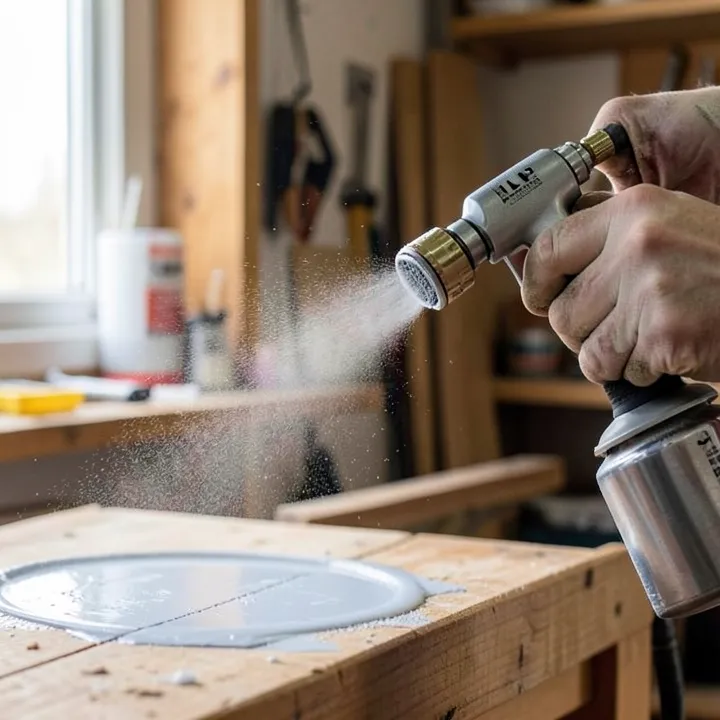 HVLP spray gun atomizing paint into a fine mist during application HVLP spray gun atomizing paint into a fine mist during application
