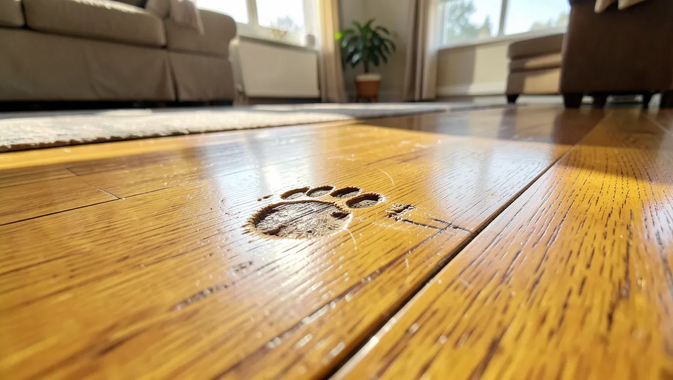 Light dog nail scratches on a hardwood floor finish