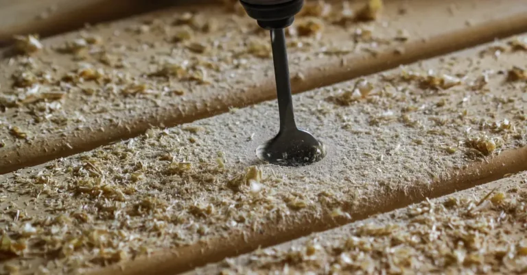 drill bit boring a straight hole through a wood plank with fresh sawdust around it