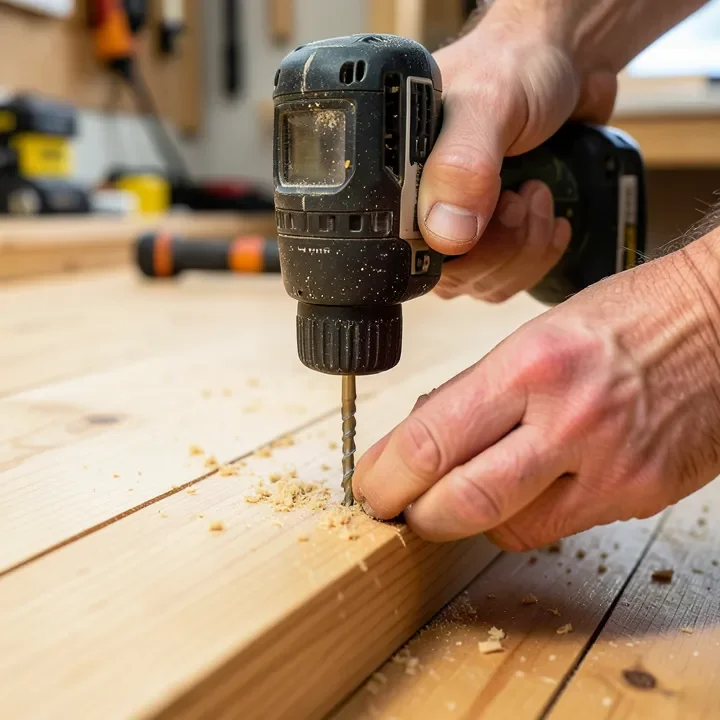 Driving a screw through a hardwood floorboard into the joist to fix a structural squeak