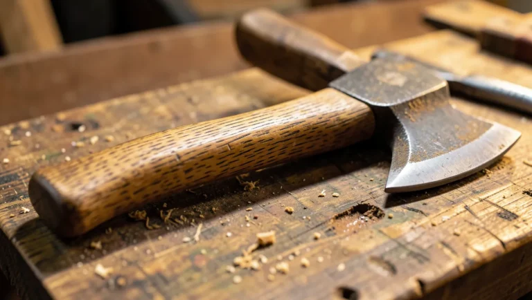 Hickory-handled axe resting on a wooden workbench