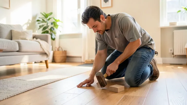 Man installing engineered hardwood click flooring in a bright living room