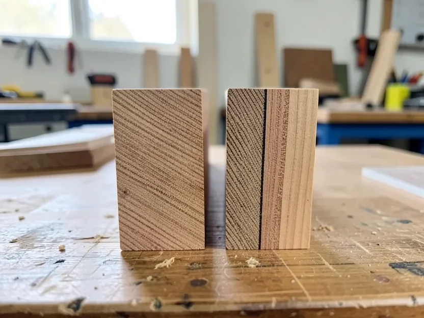 Two engineered hardwood plank cross-sections showing different wear layer thickness