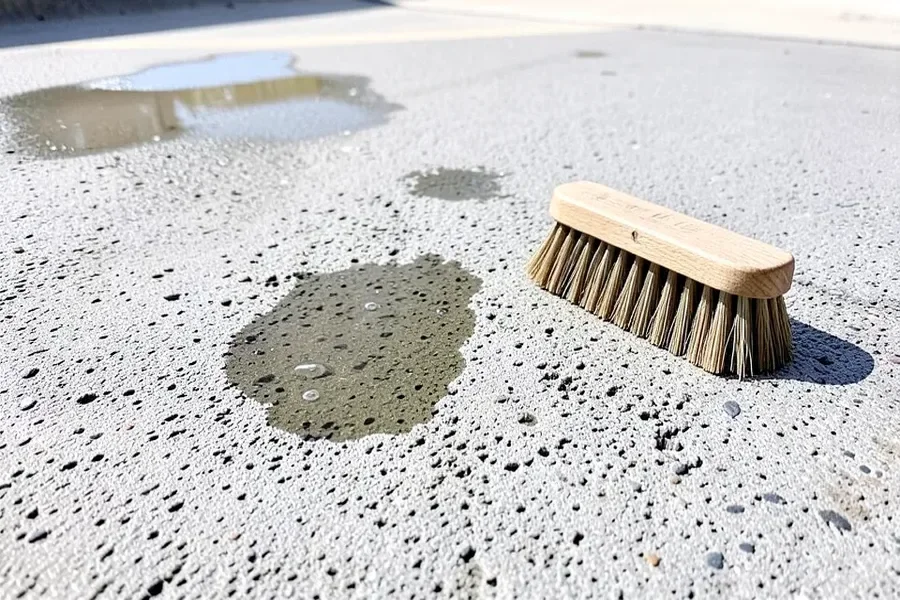 Freshly acid-etched concrete surface with open pores and a stiff scrub brush