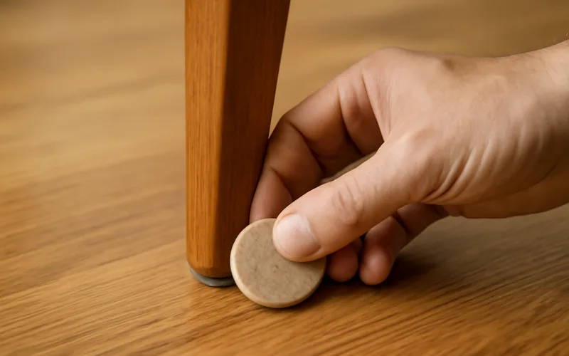 attaching a felt pad to a wooden chair leg on a hardwood floor