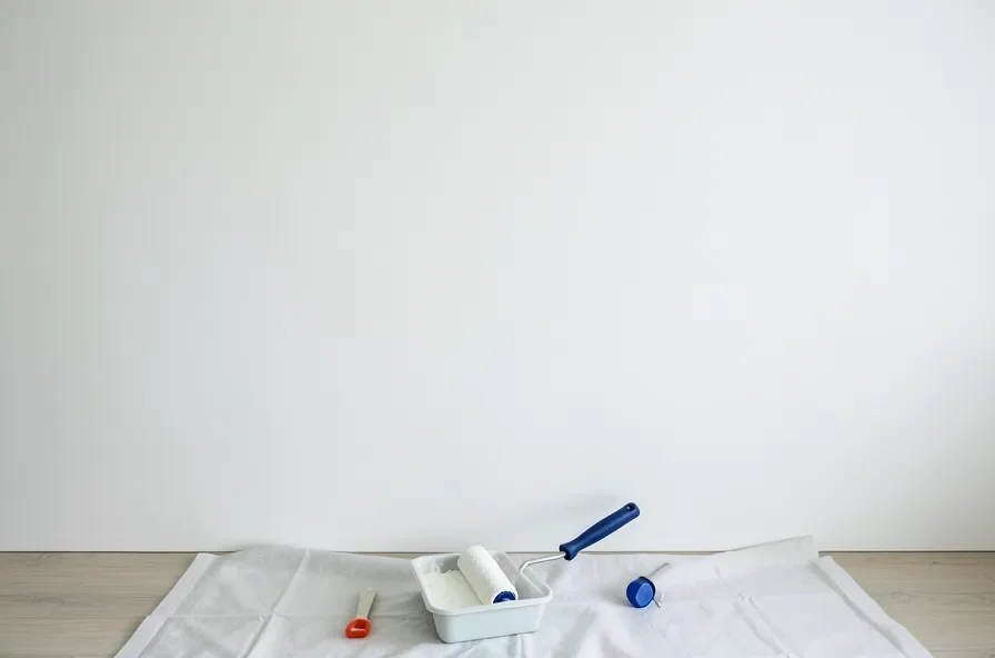 freshly painted flat matte white bedroom wall with a roller and paint tray