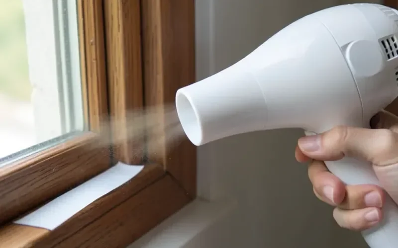 hand using a plastic hairdryer to warm and soften painter's tape adhesive on wood window trim before removal