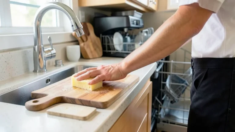 Hand washing a wood cutting board with warm water and soap instead of the dishwasher