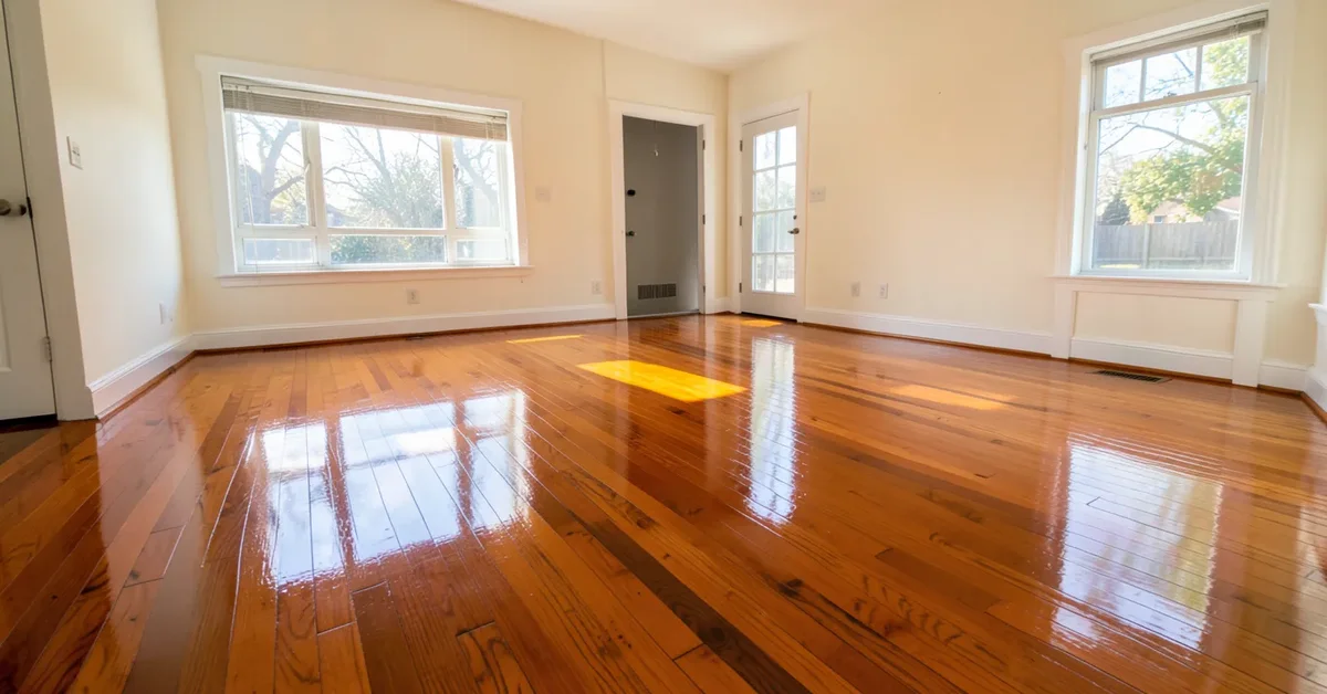 Freshly refinished hardwood floor with a glossy polyurethane finish curing in an empty room