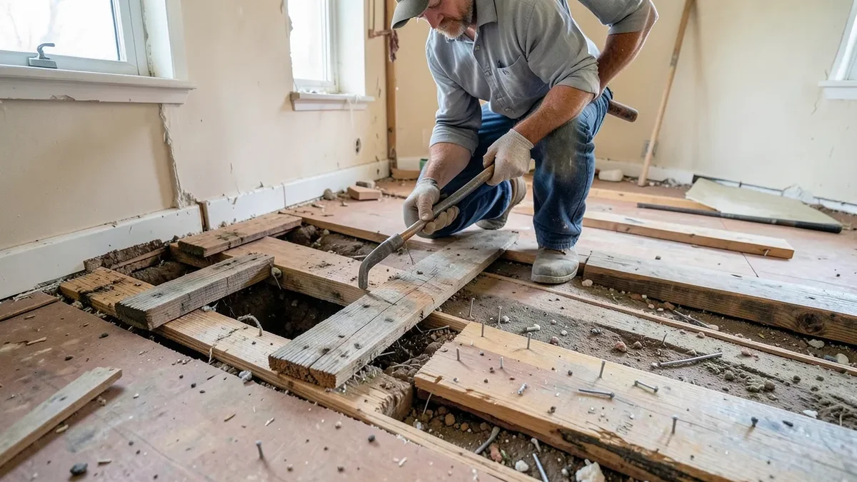 Contractor prying up old hardwood floor boards during a replacement project