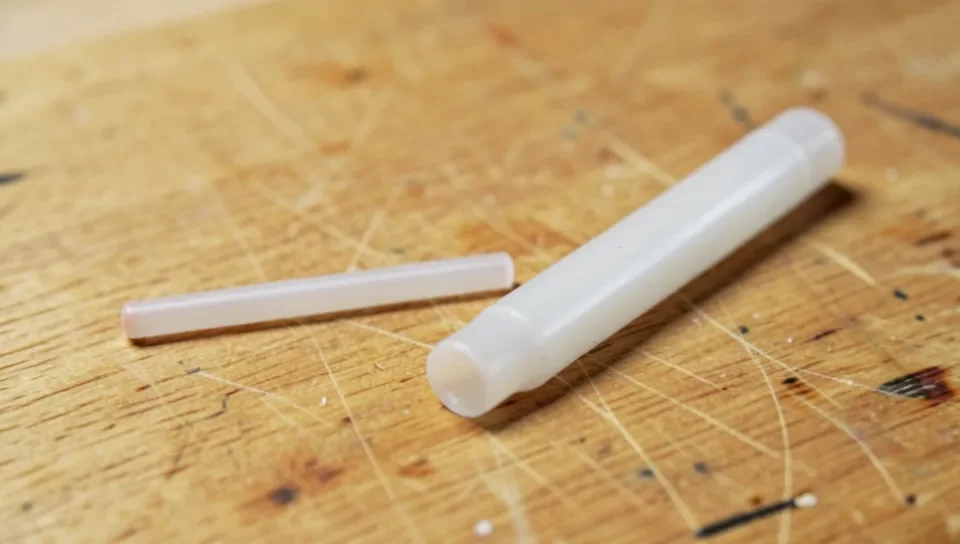 Mini 7mm hot glue stick next to a thicker full-size 11mm hot glue stick showing the diameter difference