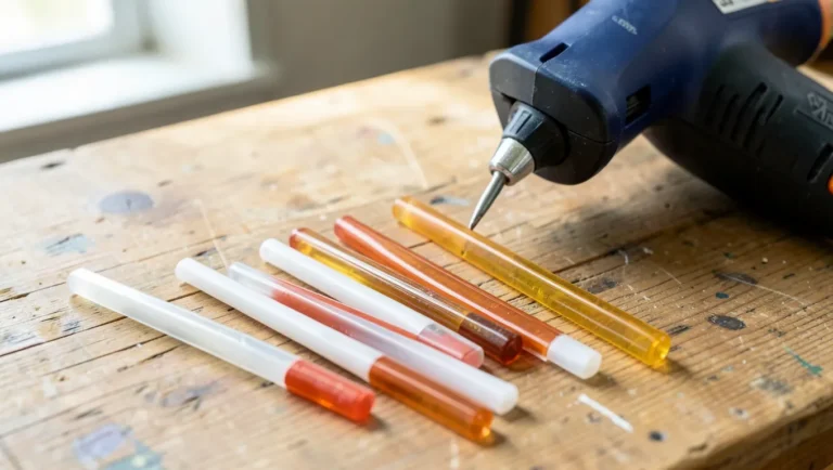 Assorted hot glue sticks in different colors next to a glue gun on a workbench
