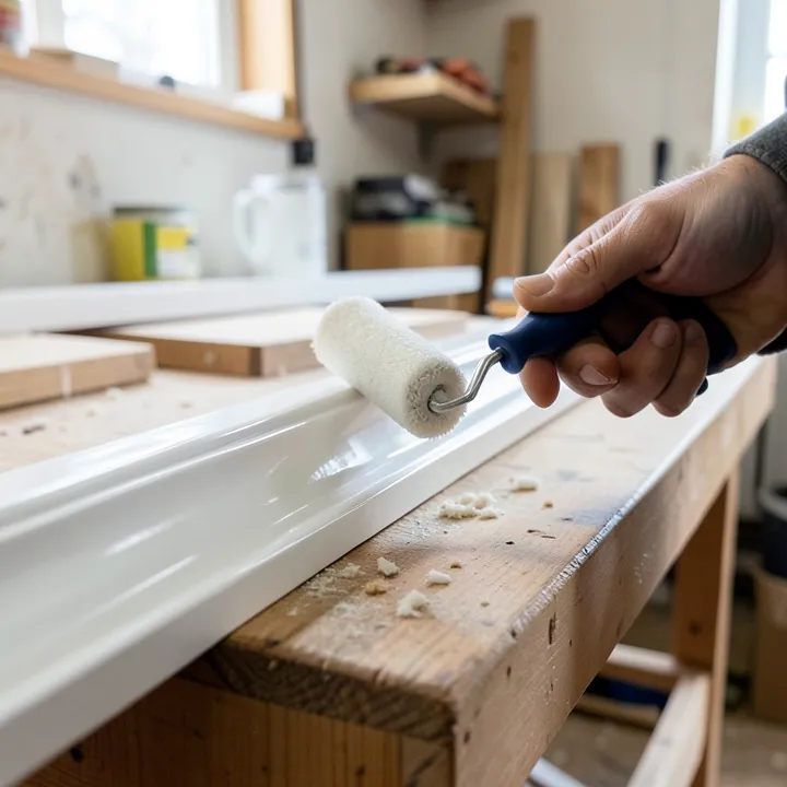 Rolling semi-gloss white paint onto wood trim with a small roller