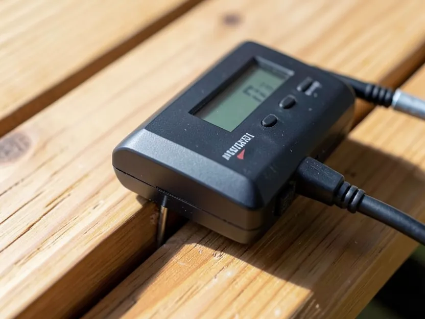 Moisture meter reading the moisture content of a treated lumber deck board