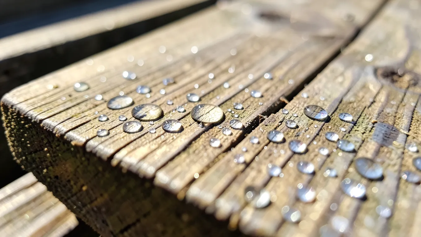 Water droplets beading on a pressure-treated wood board, testing dryness