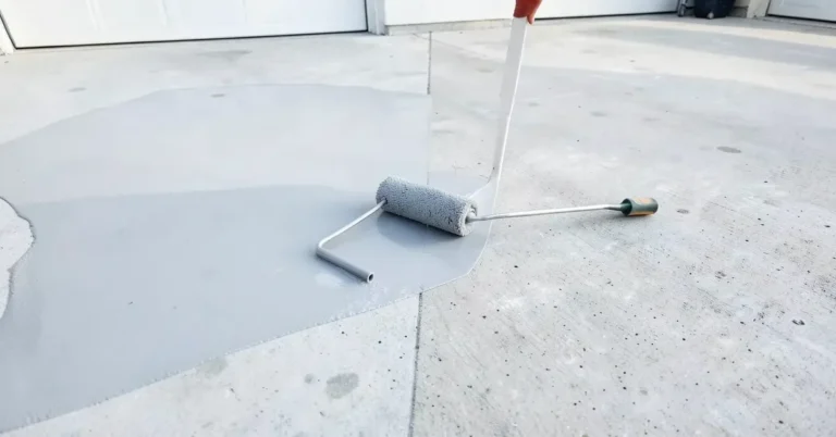 Rolling gray epoxy paint onto a freshly etched concrete garage floor