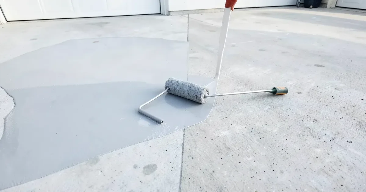 Rolling gray epoxy paint onto a freshly etched concrete garage floor