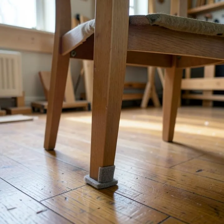 Felt pad attached to the bottom of a wooden dining chair leg on a hardwood floor