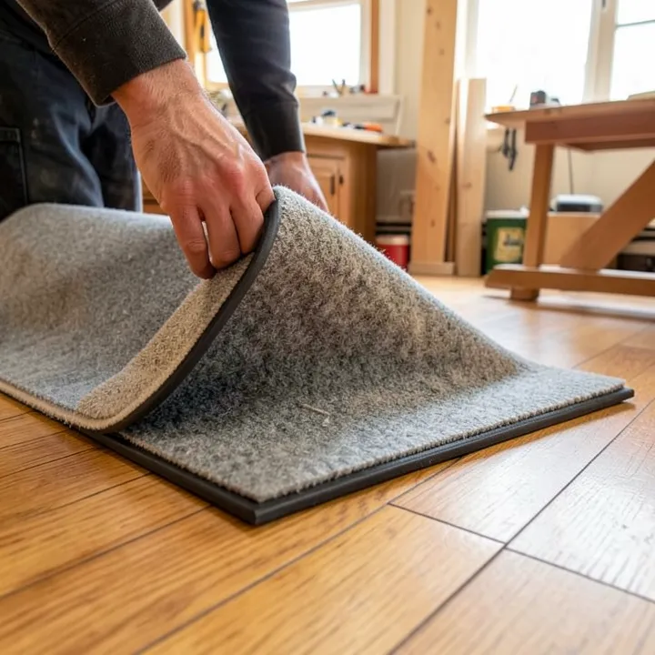Lifting a rug corner to show a grippy rubber and felt rug pad underneath on a hardwood floor