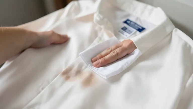 Person blotting a stain on a silk blouse with a white cloth