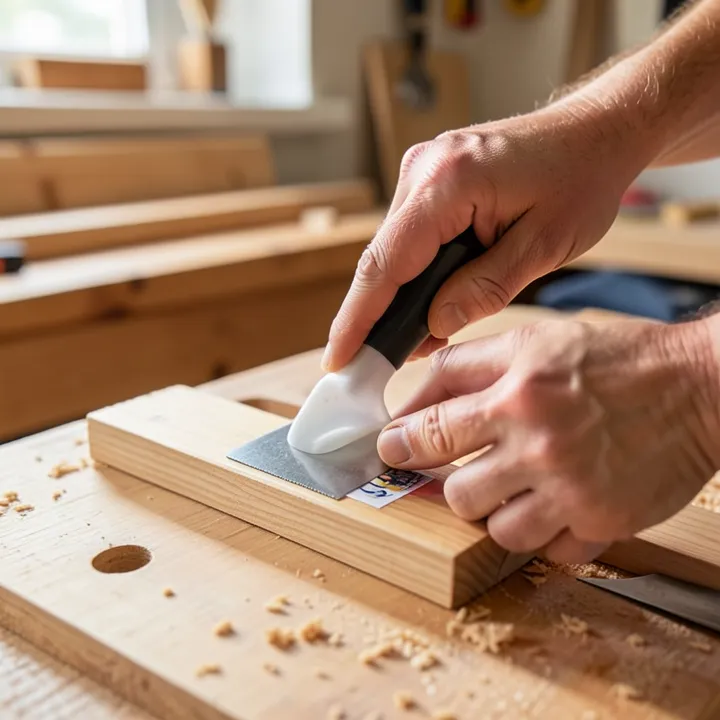 Hands using a plastic scraper to gently remove a sticker from painted wood