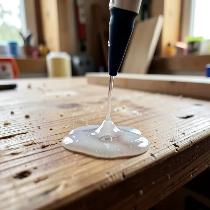 Dried super glue drip on a wood tabletop surface, close up