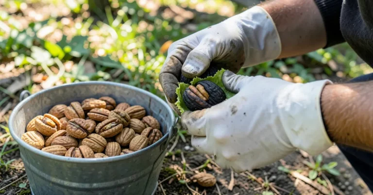 Gloved hands removing the green husk from black walnuts over a bucket of husked nuts