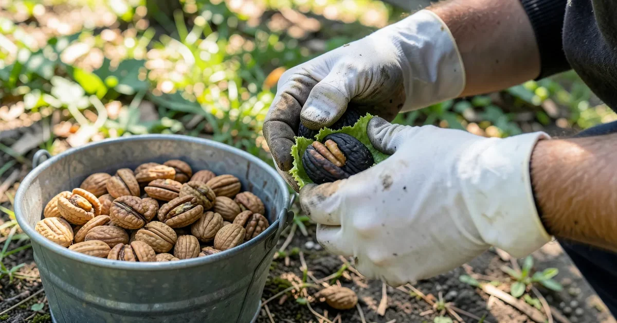 Gloved hands removing the green husk from black walnuts over a bucket of husked nuts