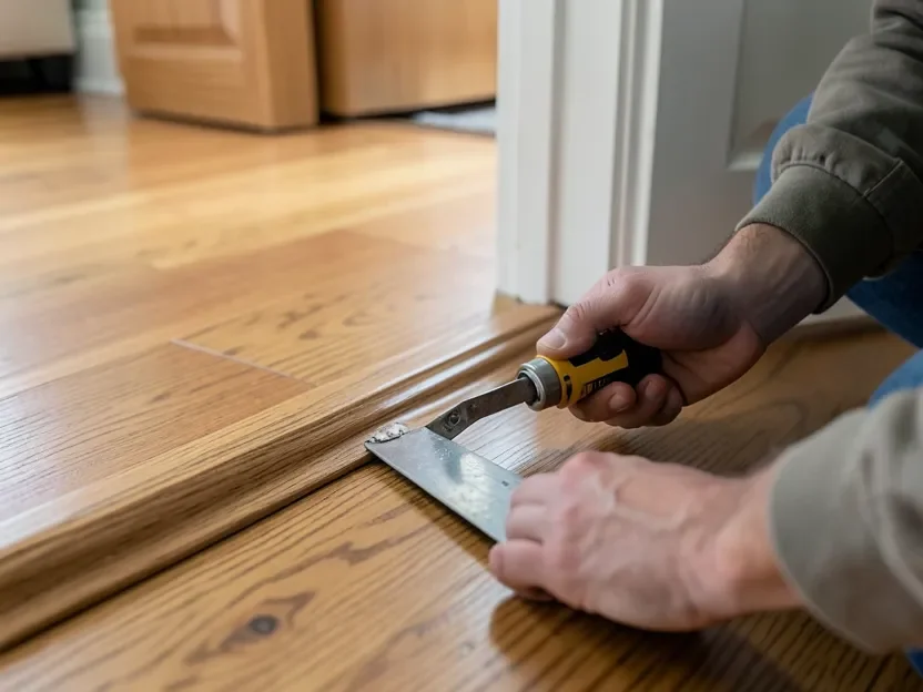 Installer fitting a solid oak transition strip at a doorway between two floor heights
