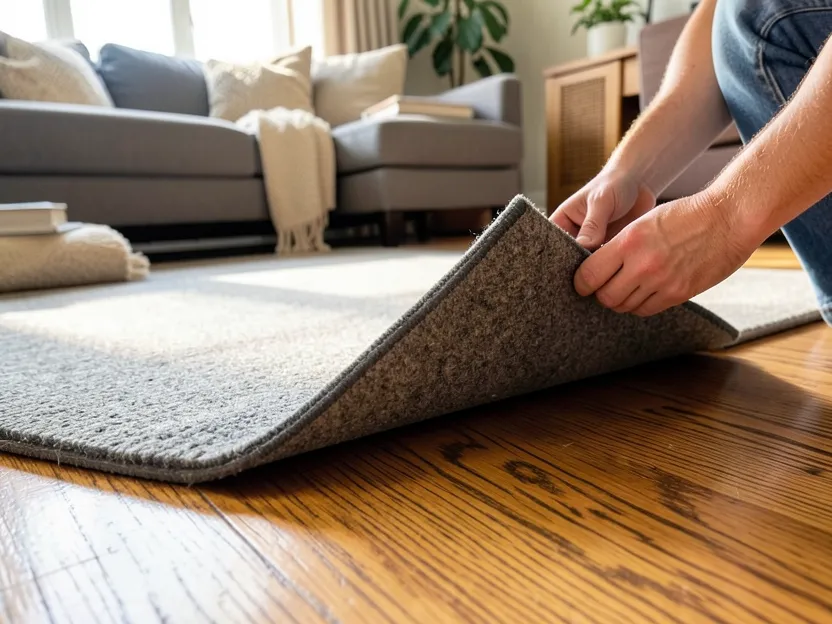 Lifting a rug corner to show a grippy rubber and felt rug pad underneath on a hardwood floor