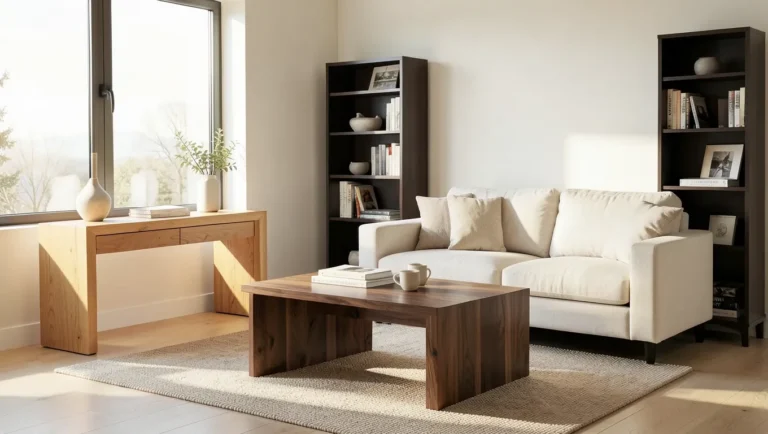 Living room mixing three different wood furniture tones together in one cohesive design