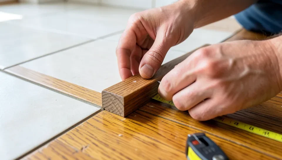 Carpenter measuring the height gap between tile and wood flooring before fitting a transition strip