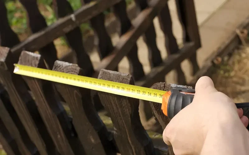 Hand pulling a tape measure along a wooden board Hand pulling a tape measure along a wooden board