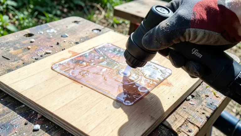Using a heat gun outdoors to melt PET plastic onto a wood panel